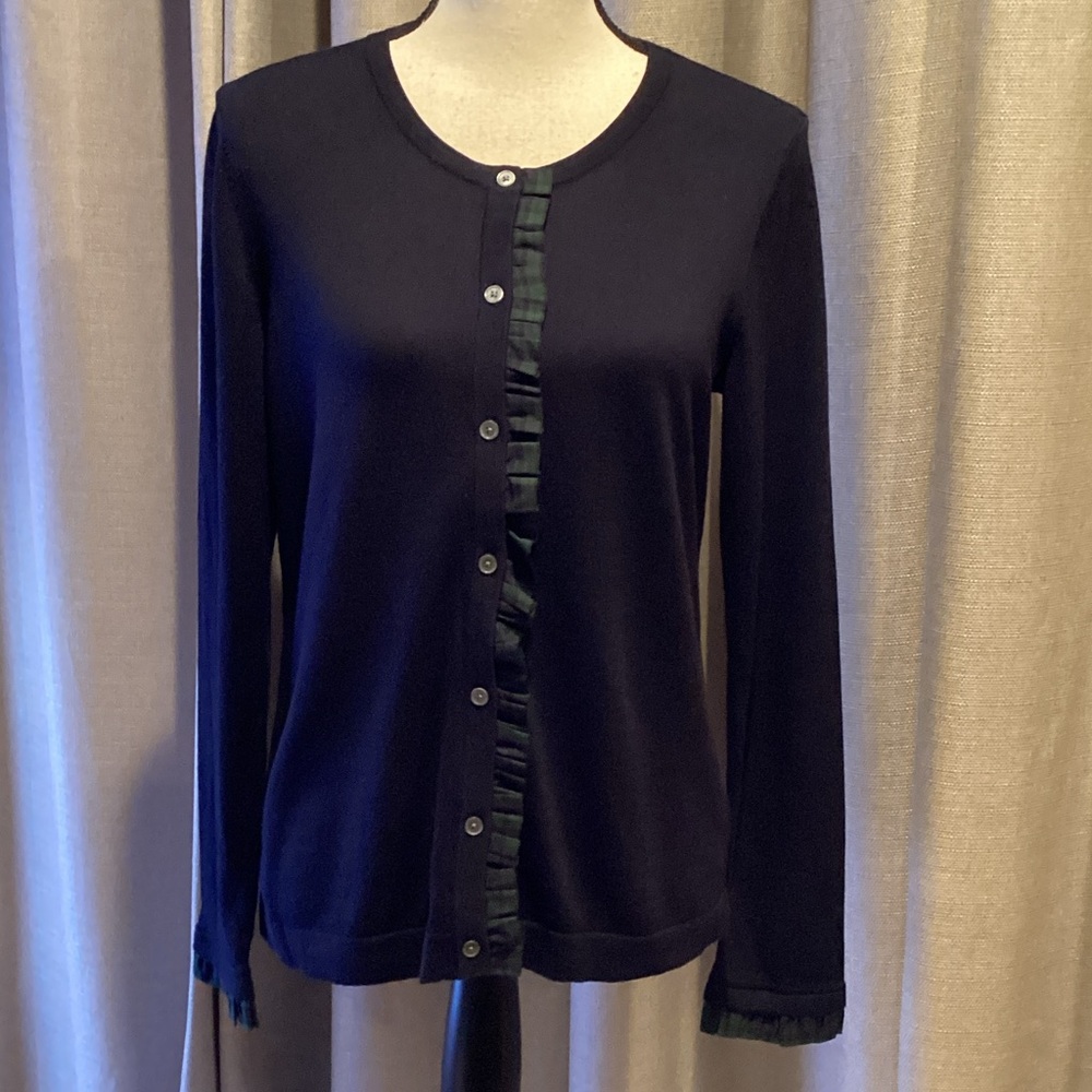 Talbots Navy Cardigan with black watch plaid trim, size medium.  NWT.